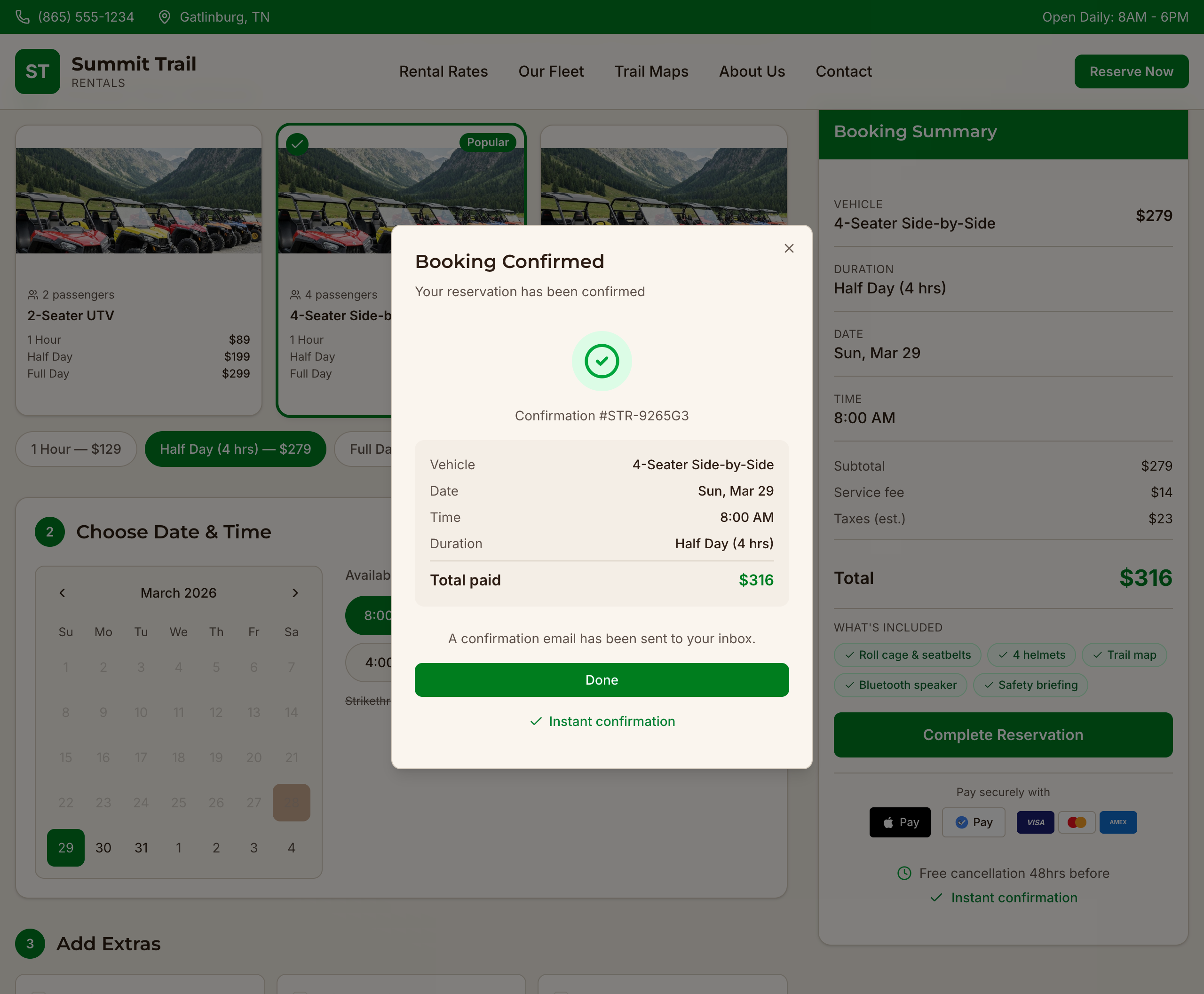 Streamlined booking confirmation screen