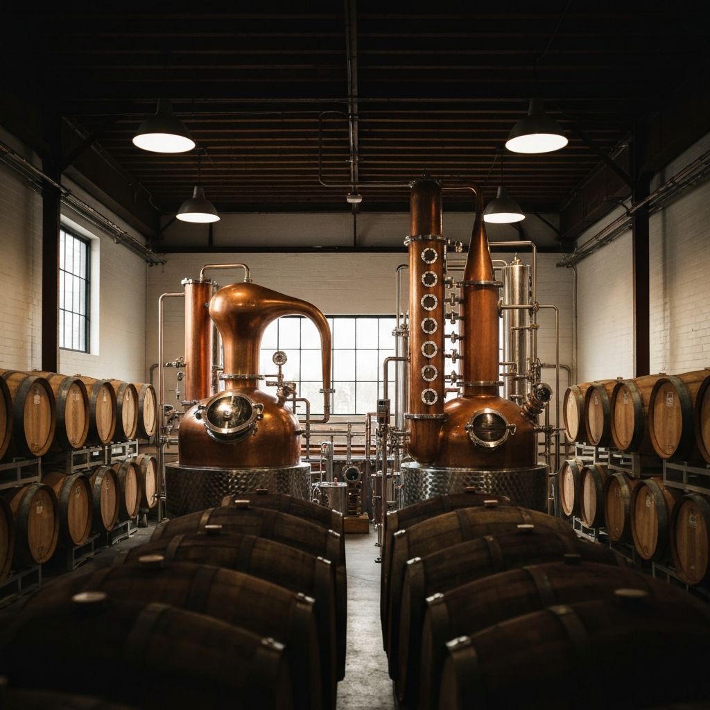 Copper stills at a craft distillery